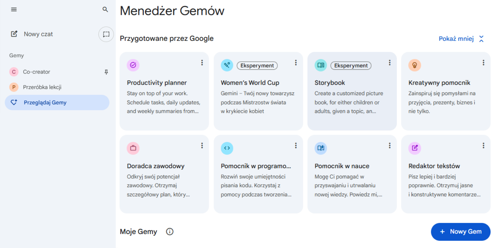 tworzenie asystentki AI w Gemini — panel Menedżer Gemów